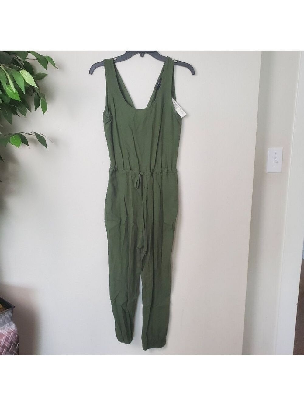 Drew Linen Jumpsuit Olive Green Womens Extra Small Sleeveless Jogger